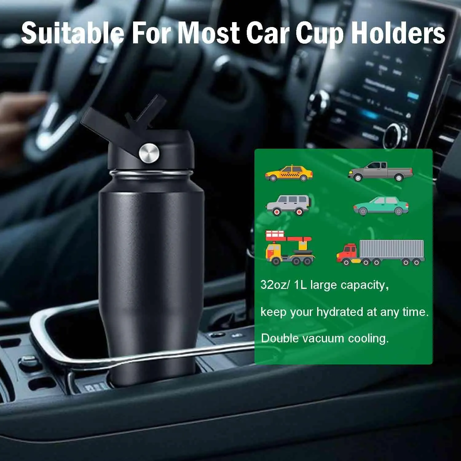 32oz Insulated Water Bottle with Leak Proof Straw,Reusable Stainless Steel Thermos with Double Walled Vacuum,BPA-free,Works,Travel,Sports,Fit All Car Cup Holders