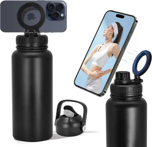 32oz Water Bottle with Magnetic Phone Holder, Stainless Steel Water Bottles Compatible with MagSafe Phone Mount and Tripod for iPhone, Double Walled Insulated tumbler for Gym, Sport