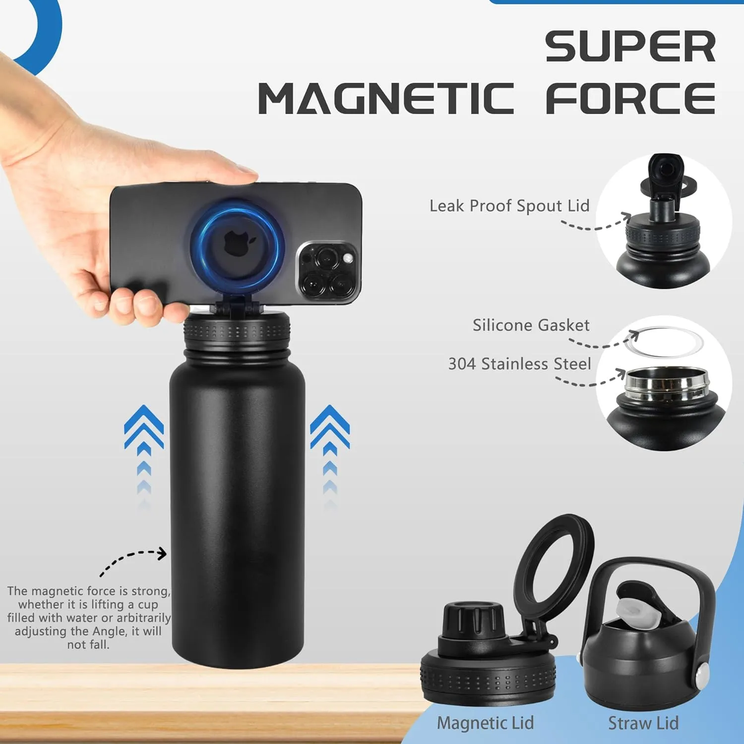 32oz Water Bottle with Magnetic Phone Holder, Stainless Steel Water Bottles Compatible with MagSafe Phone Mount and Tripod for iPhone, Double Walled Insulated tumbler for Gym, Sport