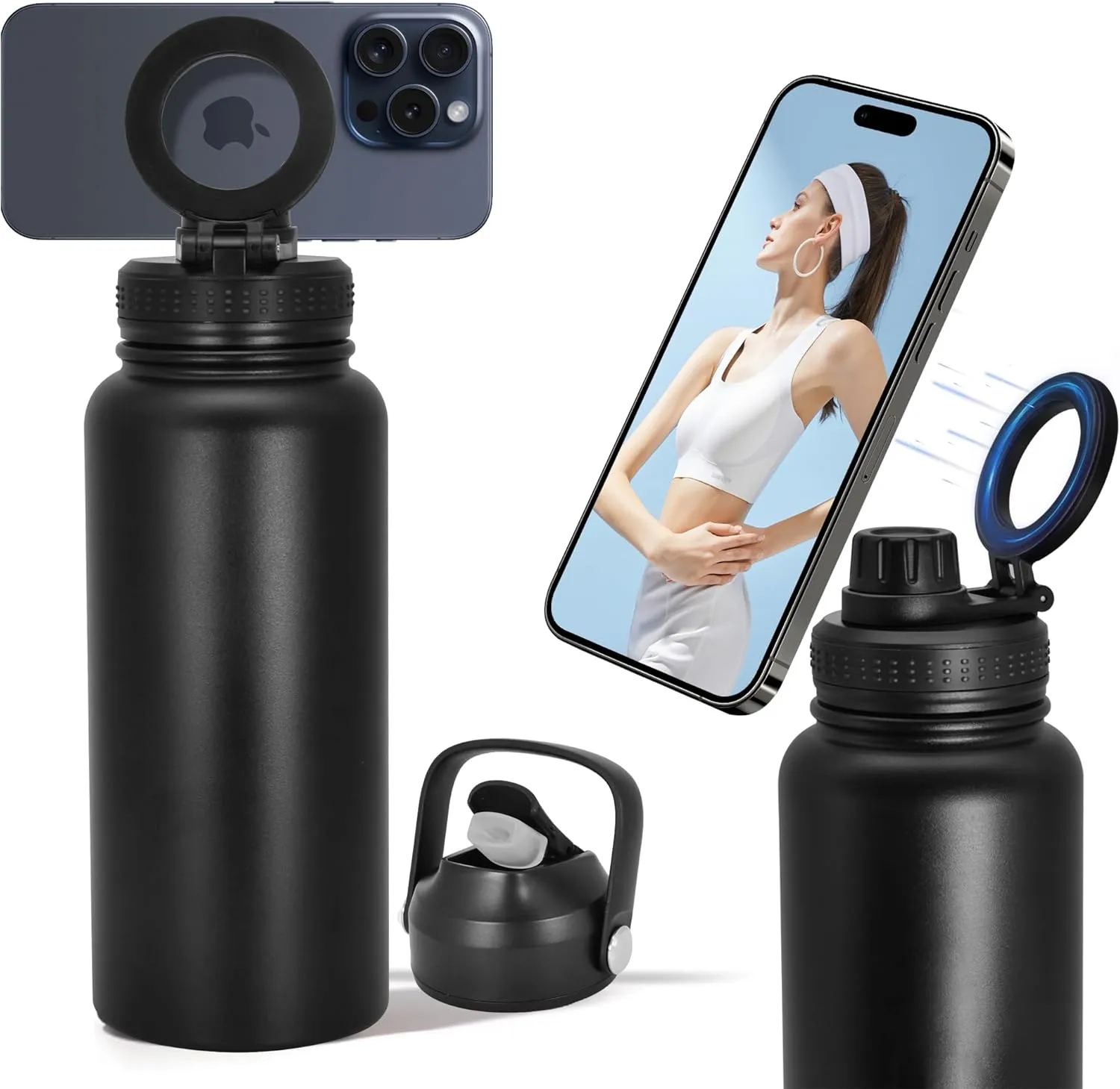 32oz Water Bottle with Magnetic Phone Holder, Stainless Steel Water Bottles Compatible with MagSafe Phone Mount and Tripod for iPhone, Double Walled Insulated tumbler for Gym, Sport