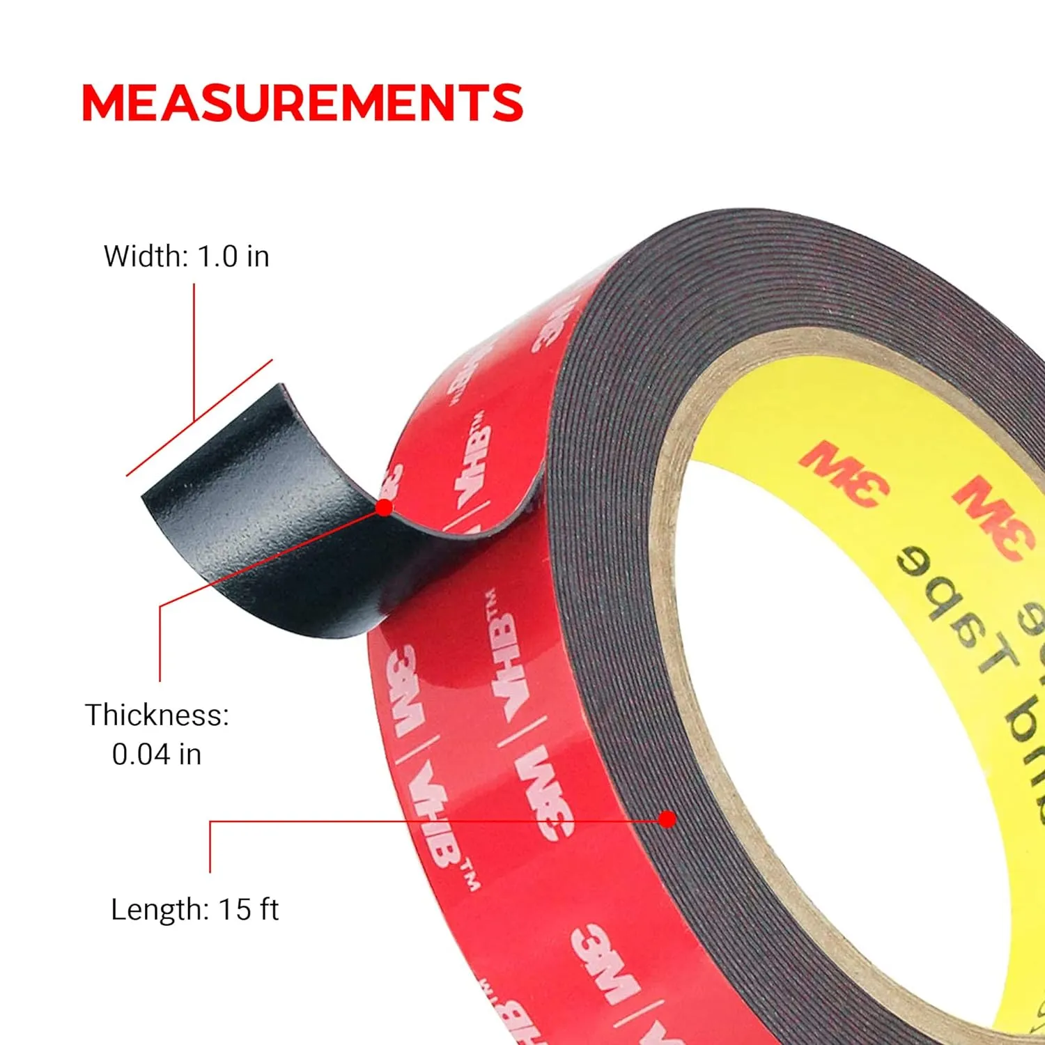 3M Double Sided Tape Heavy Duty, 15ft x 1in Two Sided Waterproof Foam Mounting VHB Tape, Strong Adhesive Multipurpose for Car, Automotive, Wall, Outdoor, LED Strip Lights