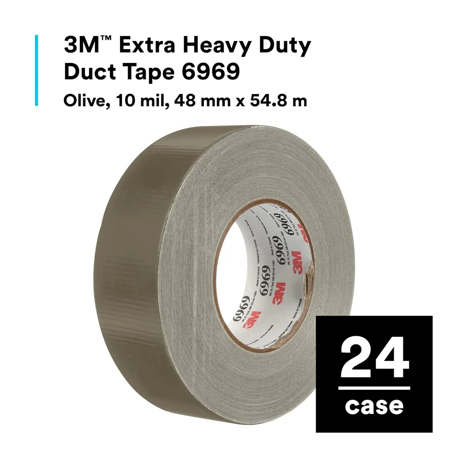 3M Extra Heavy Duty Duct Tape 6969, Olive, Industrial Strength, Water Resistant, 10 Mil, 48 MM x 54.8 M, 1 Roll