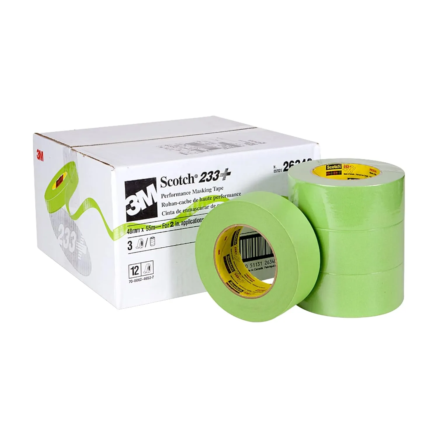 3M Scotch Performance Masking Tape 233  26340, Moisture Resistant, Flexible, Green Color, 48 mm x 55 m​​, 12/Case