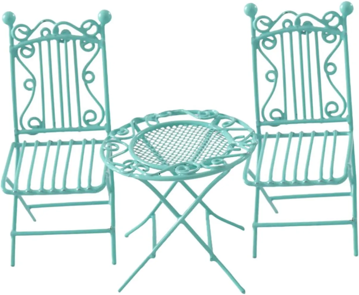 3pcs Ornamental Wrought Iron Table and Chair Chairs Round Garden Ornaments Dollhouse Furniture Miniature Doll Houses Dollhouse Garden Furniture Doll House Furniture Green