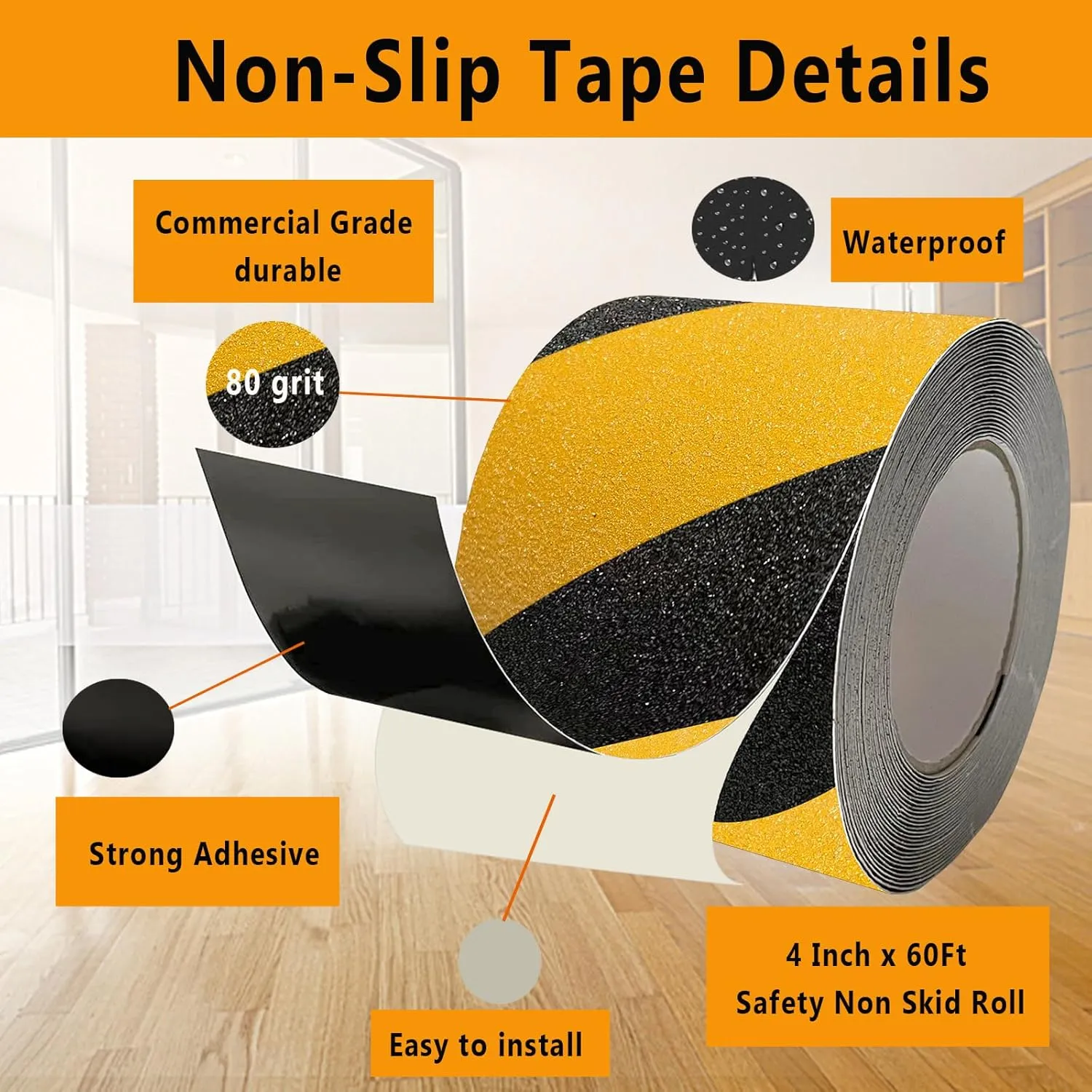 4 Inch x 60 Feet Grip Tape for Stairs, Anti Slip Tape Outdoor Waterproof, Black/Yellow Safety Non Skid Tape Roll for Stair Steps Ramp Wooden, Friction Tape Adhesive Non Slip Strips