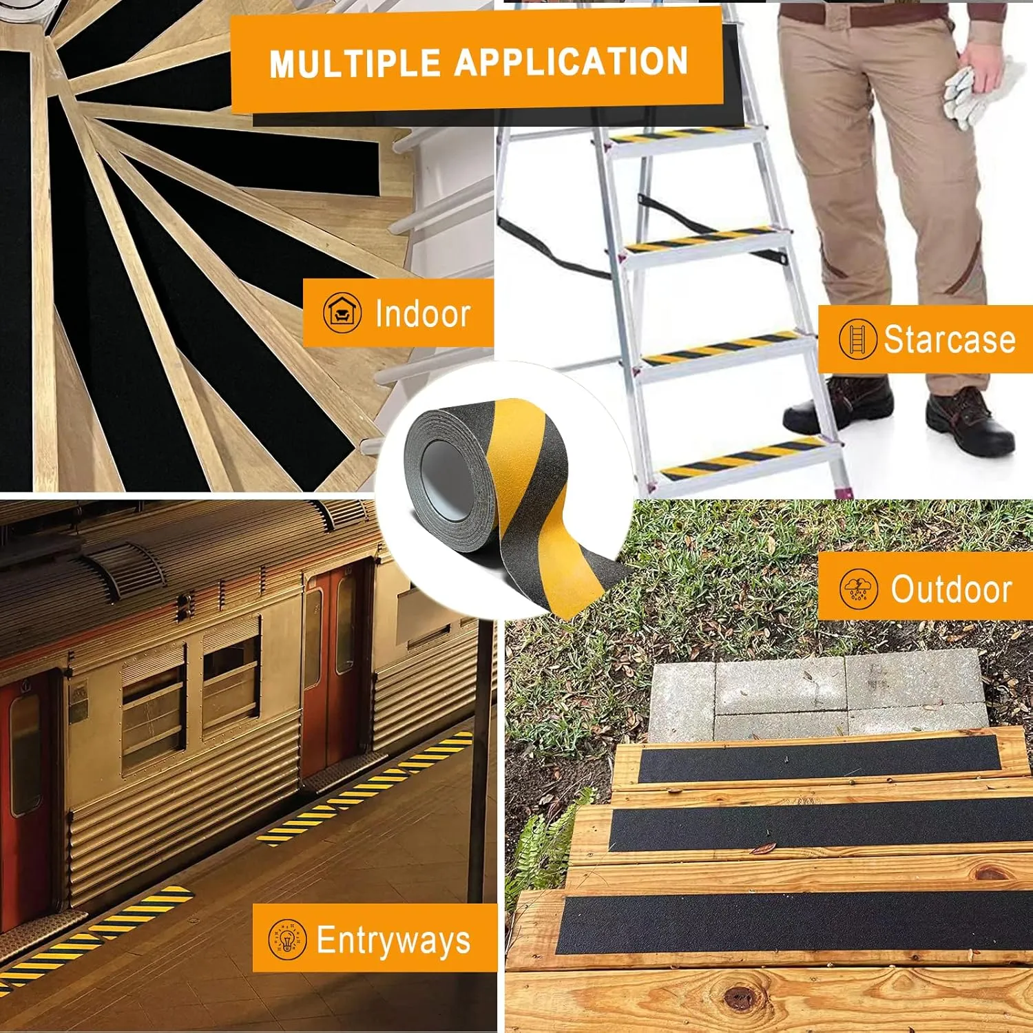4 Inch x 60 Feet Grip Tape for Stairs, Anti Slip Tape Outdoor Waterproof, Black/Yellow Safety Non Skid Tape Roll for Stair Steps Ramp Wooden, Friction Tape Adhesive Non Slip Strips