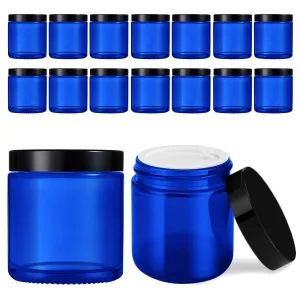 4 oz Glass Jars with Lids, Tecohouse 16 Pack Blue Glass Jars with Black Lids & Inner Liners, Mini Travel Sample Containers for Slime, Makeup, Cream, Lotion, Cosmetic