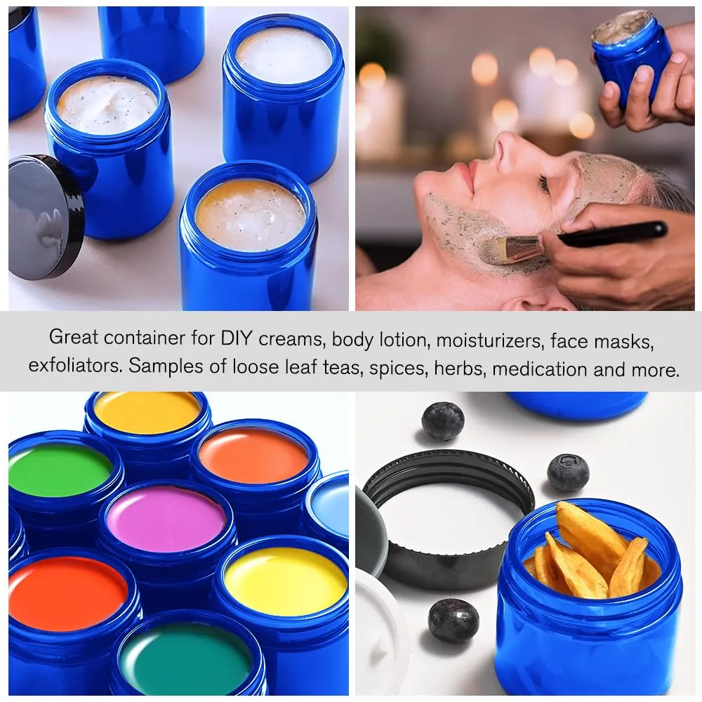 4 oz Glass Jars with Lids, Tecohouse 16 Pack Blue Glass Jars with Black Lids & Inner Liners, Mini Travel Sample Containers for Slime, Makeup, Cream, Lotion, Cosmetic