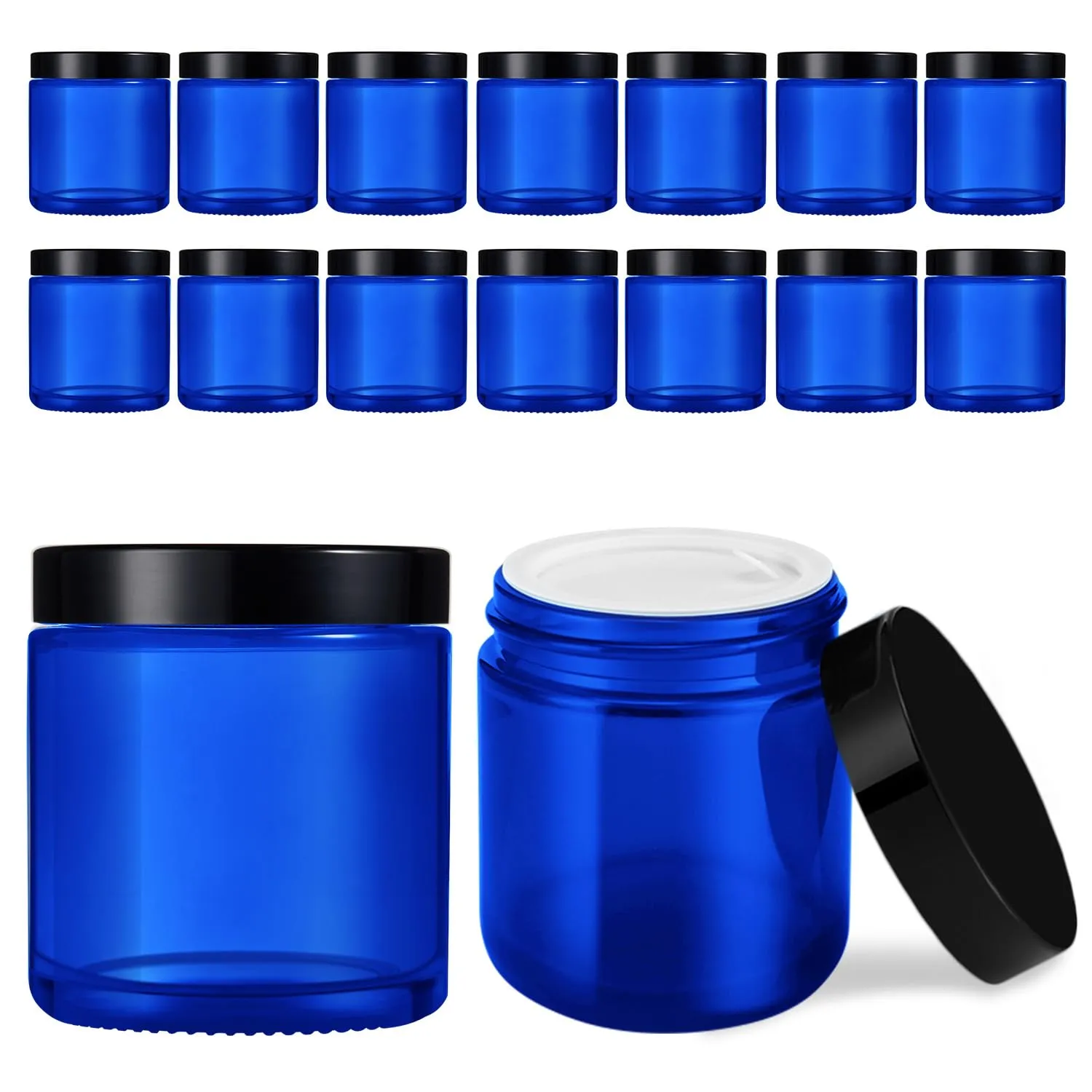 4 oz Glass Jars with Lids, Tecohouse 16 Pack Blue Glass Jars with Black Lids & Inner Liners, Mini Travel Sample Containers for Slime, Makeup, Cream, Lotion, Cosmetic
