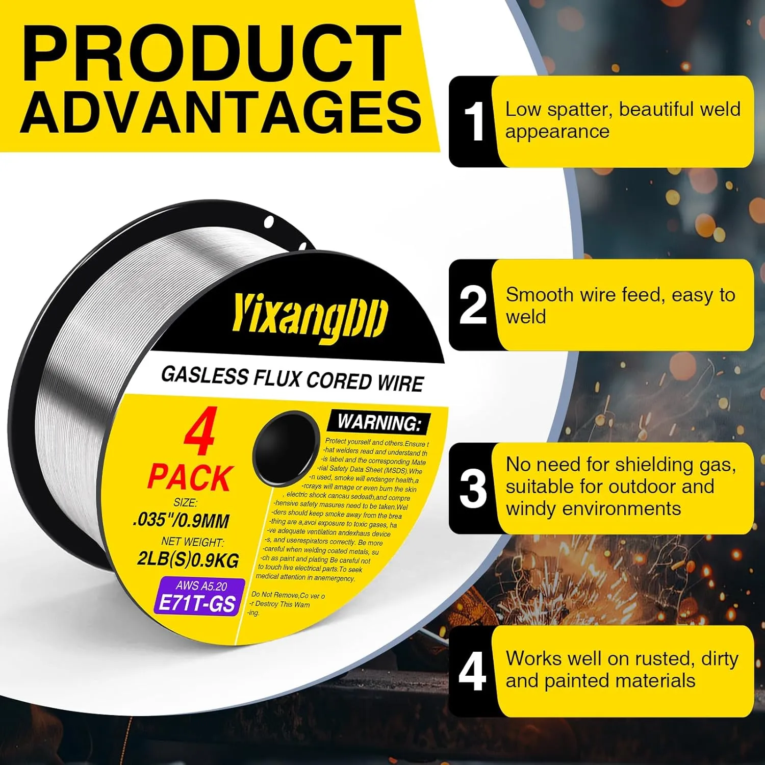4-Pack 0.035" Flux Core Welding Wire, E71T-GS Low Splatter Gasless Mild Carbon Steel Mig Welding Wire,Compatible With Most Welder，2-Pound Each
