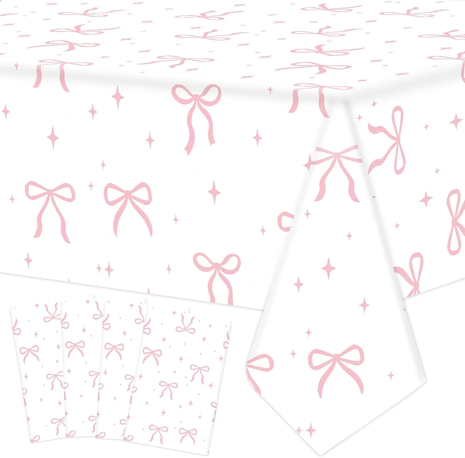 4 PCS Pink Bow Tablecloth Bow Theme Plastic Table Cover Rectangle Coquette Disposable Party Tablecloth for Women Girls Birthday Bridal Baby Shower Bachelorette Party Decor