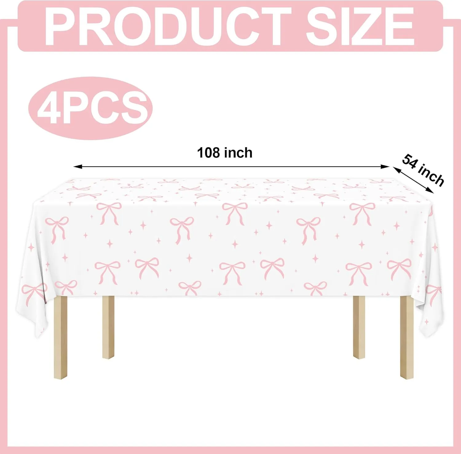 4 PCS Pink Bow Tablecloth Bow Theme Plastic Table Cover Rectangle Coquette Disposable Party Tablecloth for Women Girls Birthday Bridal Baby Shower Bachelorette Party Decor