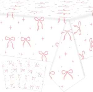 4 PCS Pink Bow Tablecloth Bow Theme Plastic Table Cover Rectangle Coquette Disposable Party Tablecloth for Women Girls Birthday Bridal Baby Shower Bachelorette Party Decor
