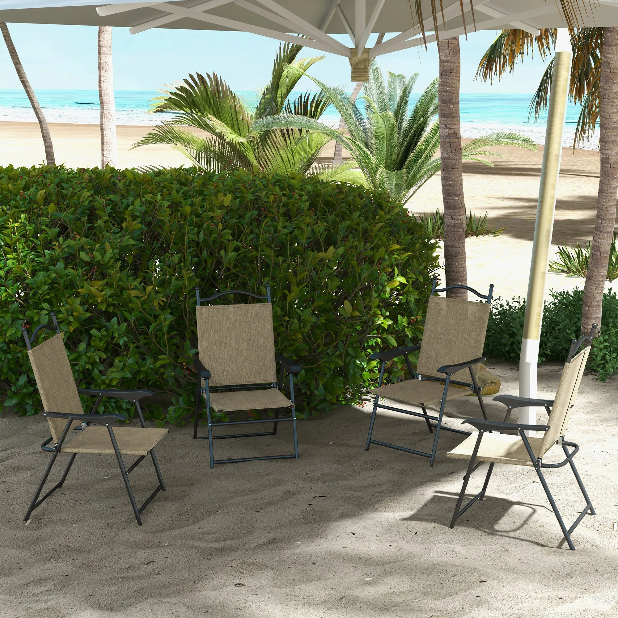 4-Piece Folding Chairs with Armrests & Mesh Seat for Patio, Camping, Lawn, Beige