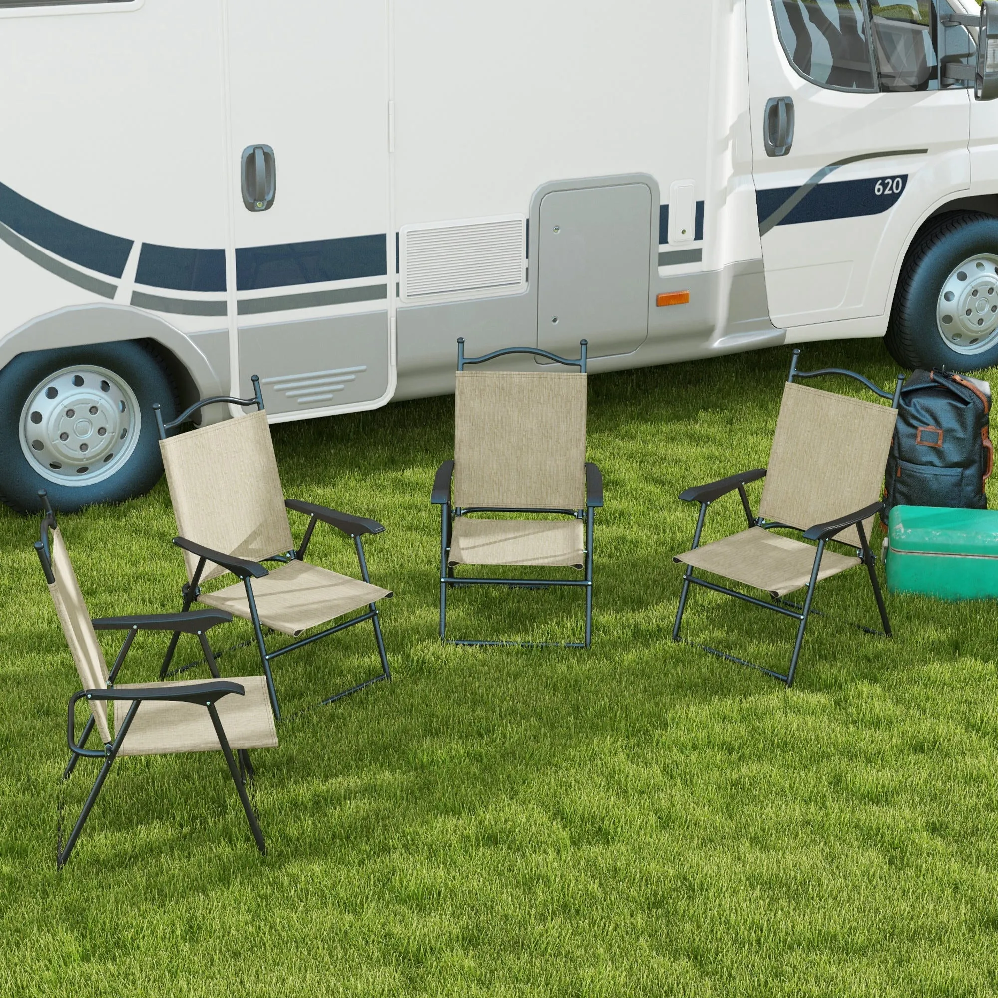 4-Piece Folding Chairs with Armrests & Mesh Seat for Patio, Camping, Lawn, Beige