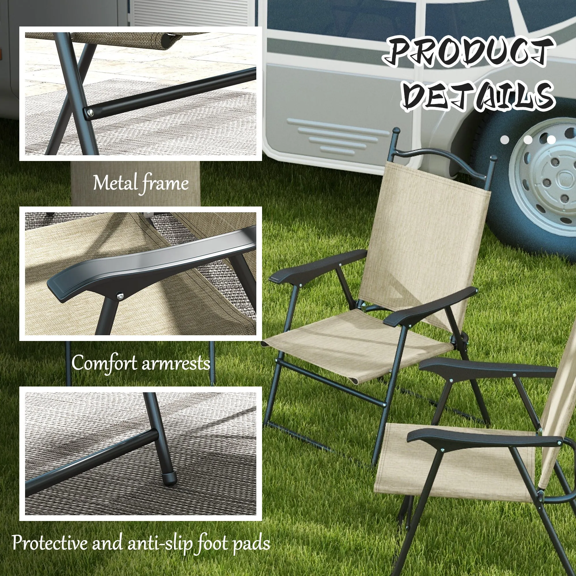 4-Piece Folding Chairs with Armrests & Mesh Seat for Patio, Camping, Lawn, Beige