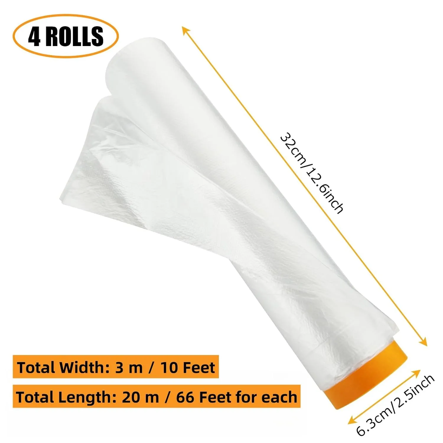 4 Rolls 10 x 66 FT Painters Plastic with Tape, Plastic Pre-Taped Masking Film, Tape and Drape Drop Cloth, Waterproof Dust Sheet Rolls for Painting Furniture Covering