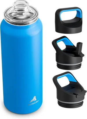 40 oz Insulated Water Bottle for Travel: 3 Lids, Leakproof, Keep Ice 24H and Hot 12H, Double Wall, Large Metal Water Flask with Handle for Sports, Gym, Camping, Hiking, Outdoors (Lake Blue)