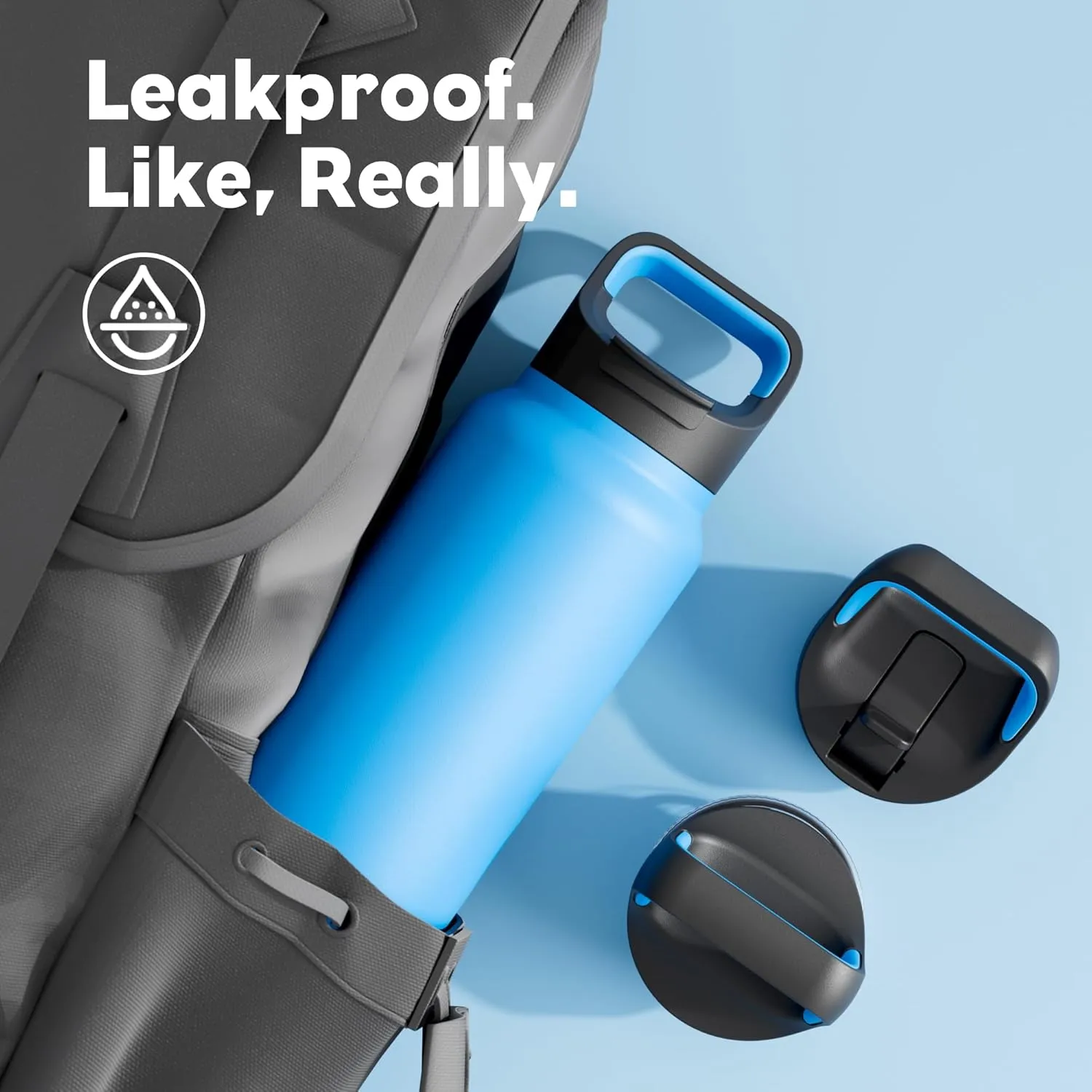40 oz Insulated Water Bottle for Travel: 3 Lids, Leakproof, Keep Ice 24H and Hot 12H, Double Wall, Large Metal Water Flask with Handle for Sports, Gym, Camping, Hiking, Outdoors (Lake Blue)