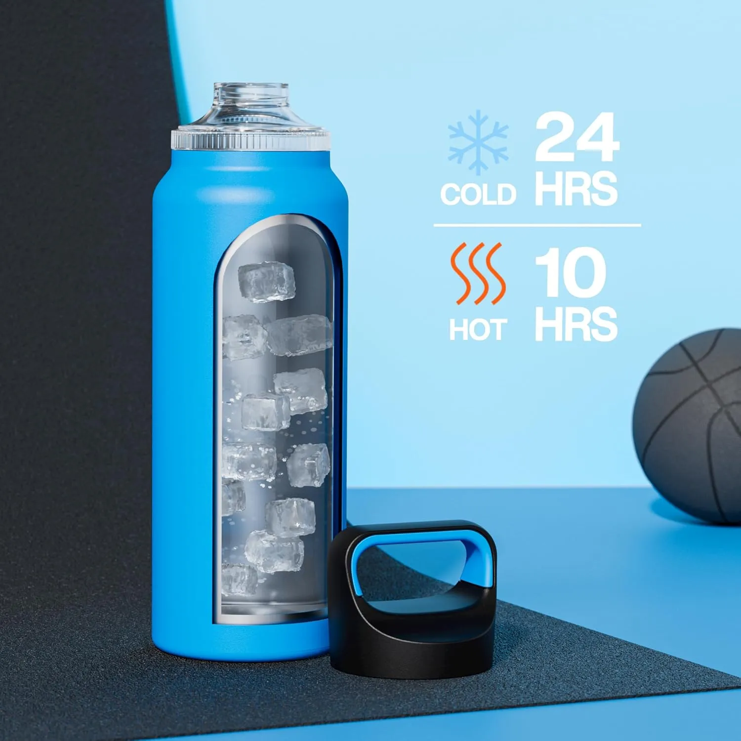 40 oz Insulated Water Bottle for Travel: 3 Lids, Leakproof, Keep Ice 24H and Hot 12H, Double Wall, Large Metal Water Flask with Handle for Sports, Gym, Camping, Hiking, Outdoors (Lake Blue)