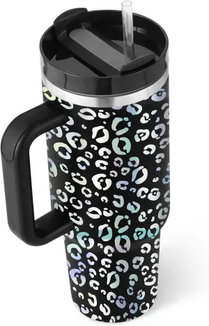 40 oz Tumbler with Handle Leopard Straw Lid Insulated Stainless Steel Vacuum Reusable Cup Holder Friendly Keep Drinks Cold Gifts for Women Lover Car Gym Travel, Black Cheetah