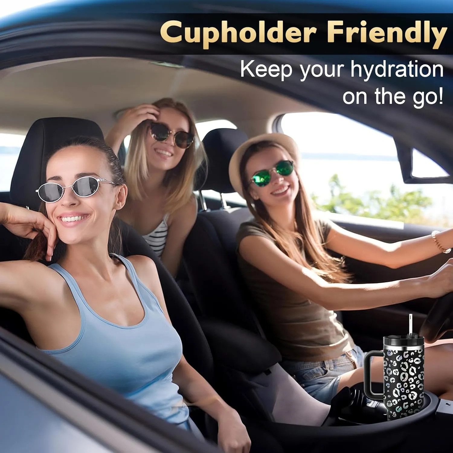 40 oz Tumbler with Handle Leopard Straw Lid Insulated Stainless Steel Vacuum Reusable Cup Holder Friendly Keep Drinks Cold Gifts for Women Lover Car Gym Travel, Black Cheetah