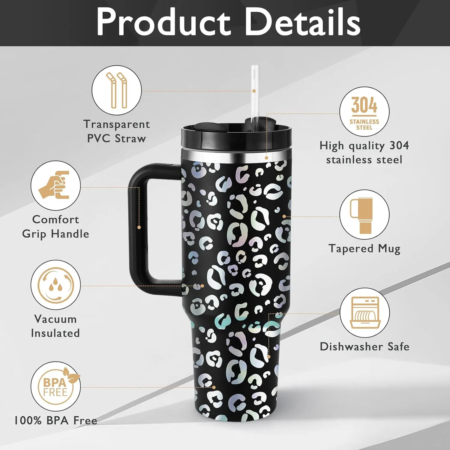 40 oz Tumbler with Handle Leopard Straw Lid Insulated Stainless Steel Vacuum Reusable Cup Holder Friendly Keep Drinks Cold Gifts for Women Lover Car Gym Travel, Black Cheetah