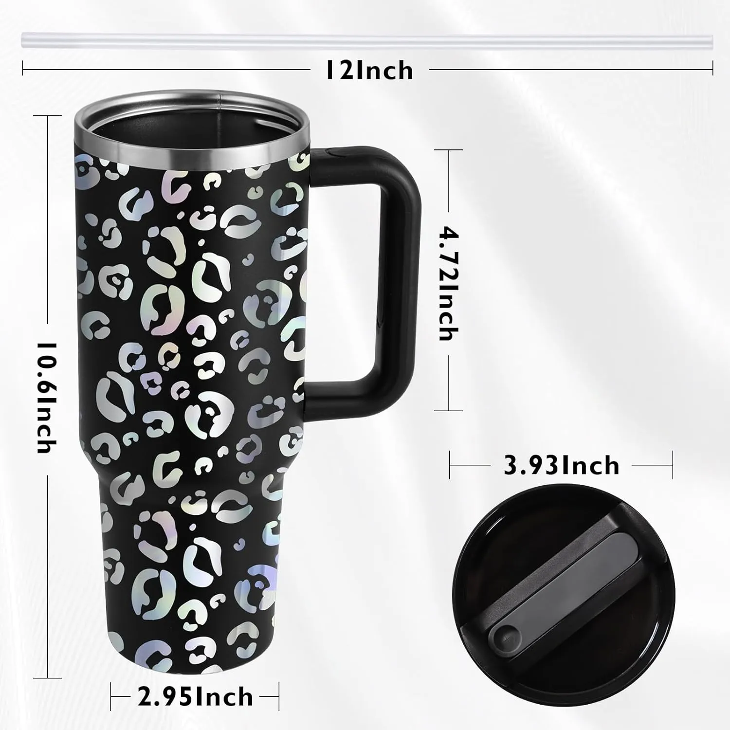 40 oz Tumbler with Handle Leopard Straw Lid Insulated Stainless Steel Vacuum Reusable Cup Holder Friendly Keep Drinks Cold Gifts for Women Lover Car Gym Travel, Black Cheetah