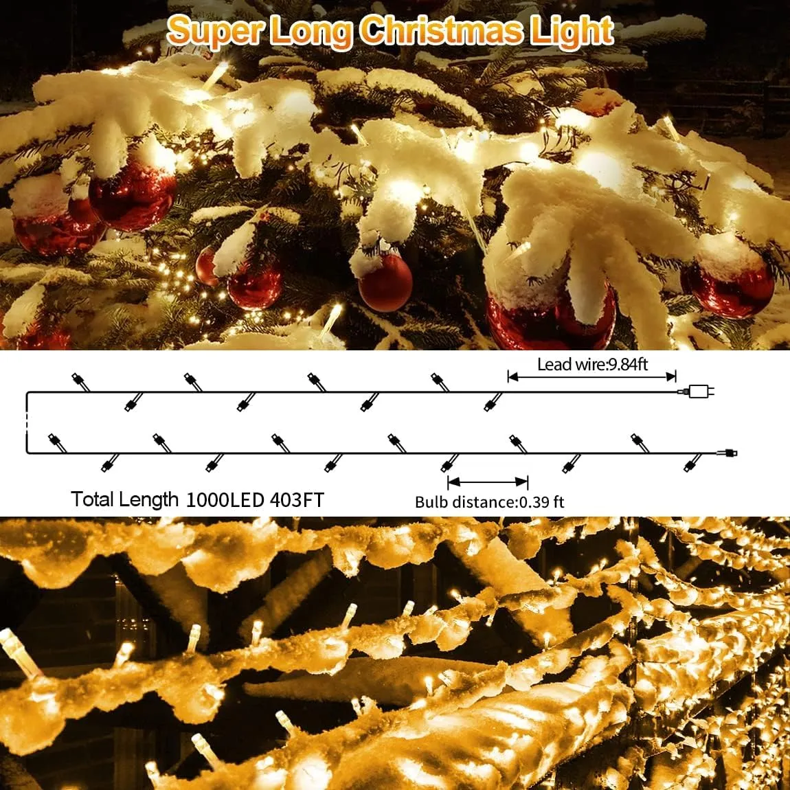 403 FT 1000 LED Christmas Lights Outdoor Decorations Super Long Fairy Lights Waterproof 8 Modes Timer Clear Wire String Lights for Outside House Tree Patio Yard Wedding Party Holiday-Warm White