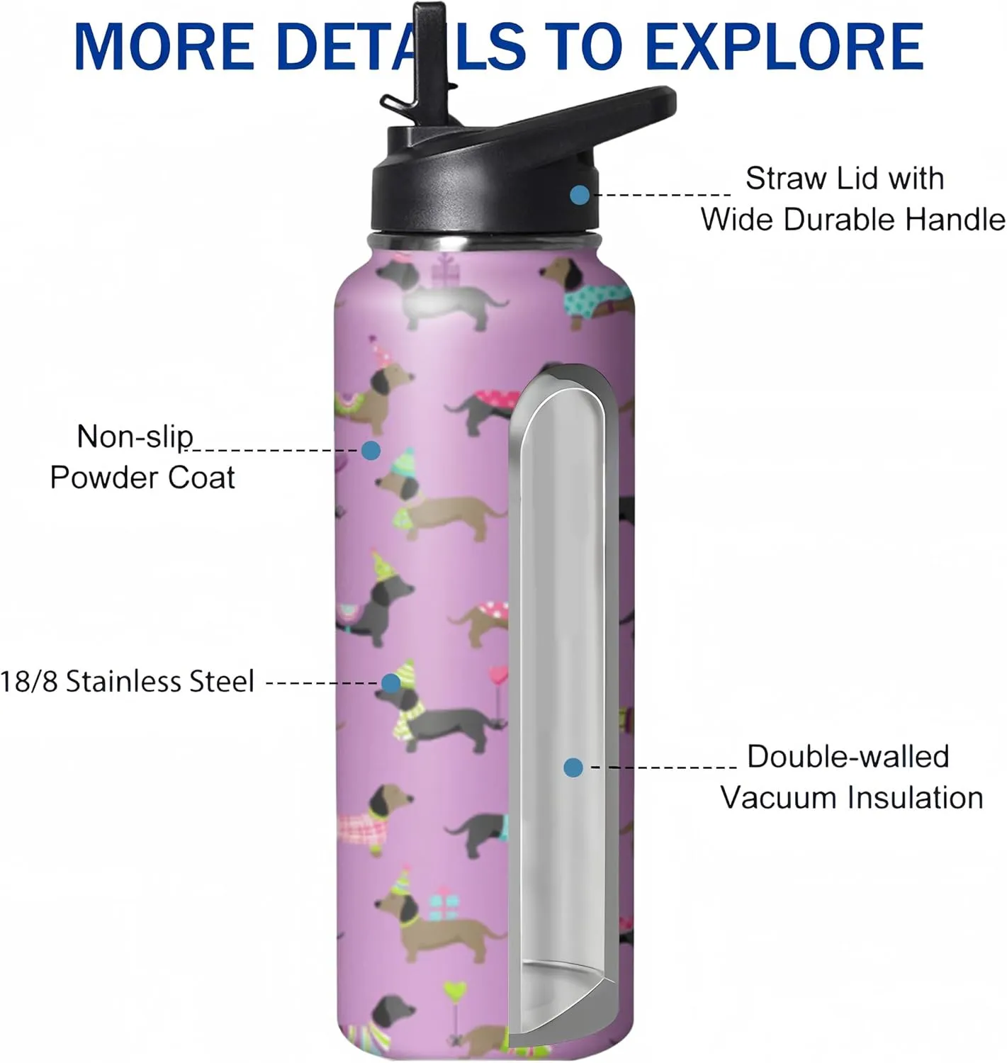 40oz Cute Dachshund Water Bottle with Handle and Flip Straw, Sports Stainless Steel Insulated Cup, Travel Coffee Mug Tumbler, Birthday Mothers Day Chritmas Gifts for Women Animal Lovers