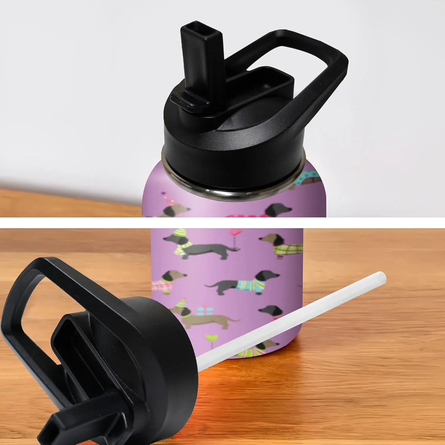 40oz Cute Dachshund Water Bottle with Handle and Flip Straw, Sports Stainless Steel Insulated Cup, Travel Coffee Mug Tumbler, Birthday Mothers Day Chritmas Gifts for Women Animal Lovers