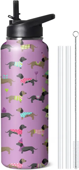 40oz Cute Dachshund Water Bottle with Handle and Flip Straw, Sports Stainless Steel Insulated Cup, Travel Coffee Mug Tumbler, Birthday Mothers Day Chritmas Gifts for Women Animal Lovers