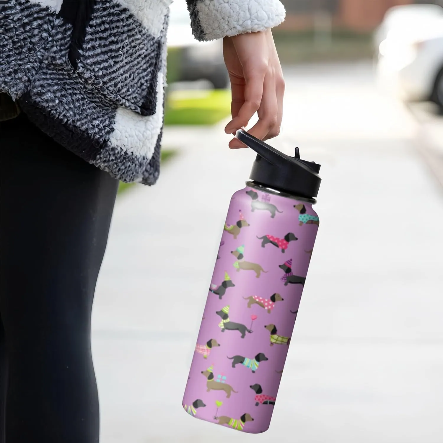40oz Cute Dachshund Water Bottle with Handle and Flip Straw, Sports Stainless Steel Insulated Cup, Travel Coffee Mug Tumbler, Birthday Mothers Day Chritmas Gifts for Women Animal Lovers