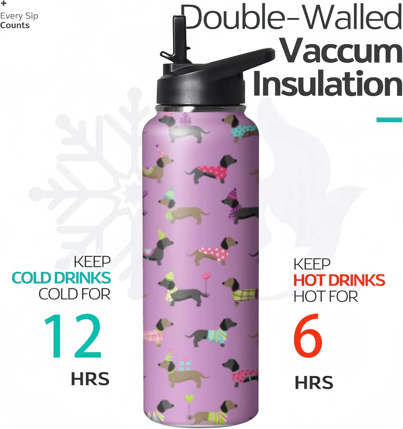 40oz Cute Dachshund Water Bottle with Handle and Flip Straw, Sports Stainless Steel Insulated Cup, Travel Coffee Mug Tumbler, Birthday Mothers Day Chritmas Gifts for Women Animal Lovers