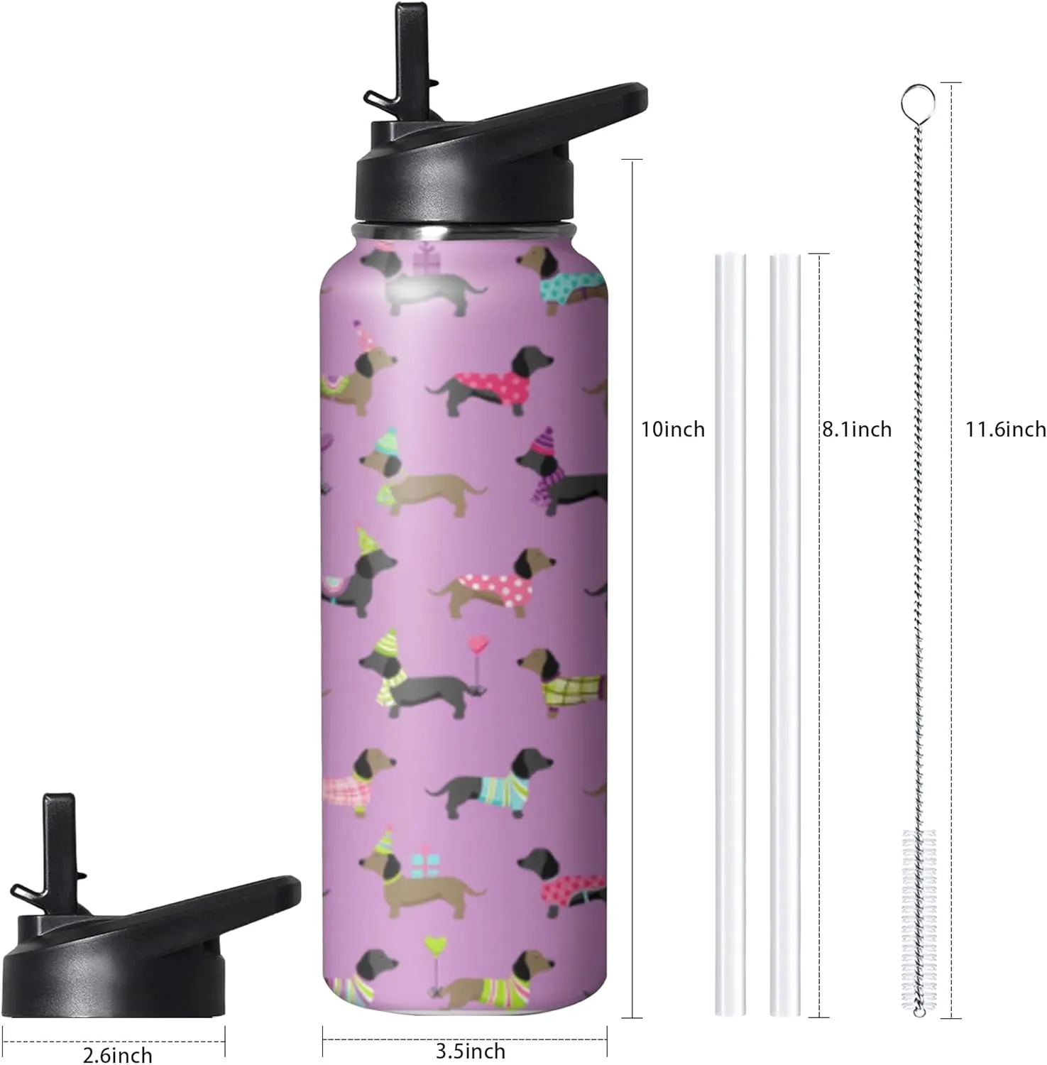 40oz Cute Dachshund Water Bottle with Handle and Flip Straw, Sports Stainless Steel Insulated Cup, Travel Coffee Mug Tumbler, Birthday Mothers Day Chritmas Gifts for Women Animal Lovers