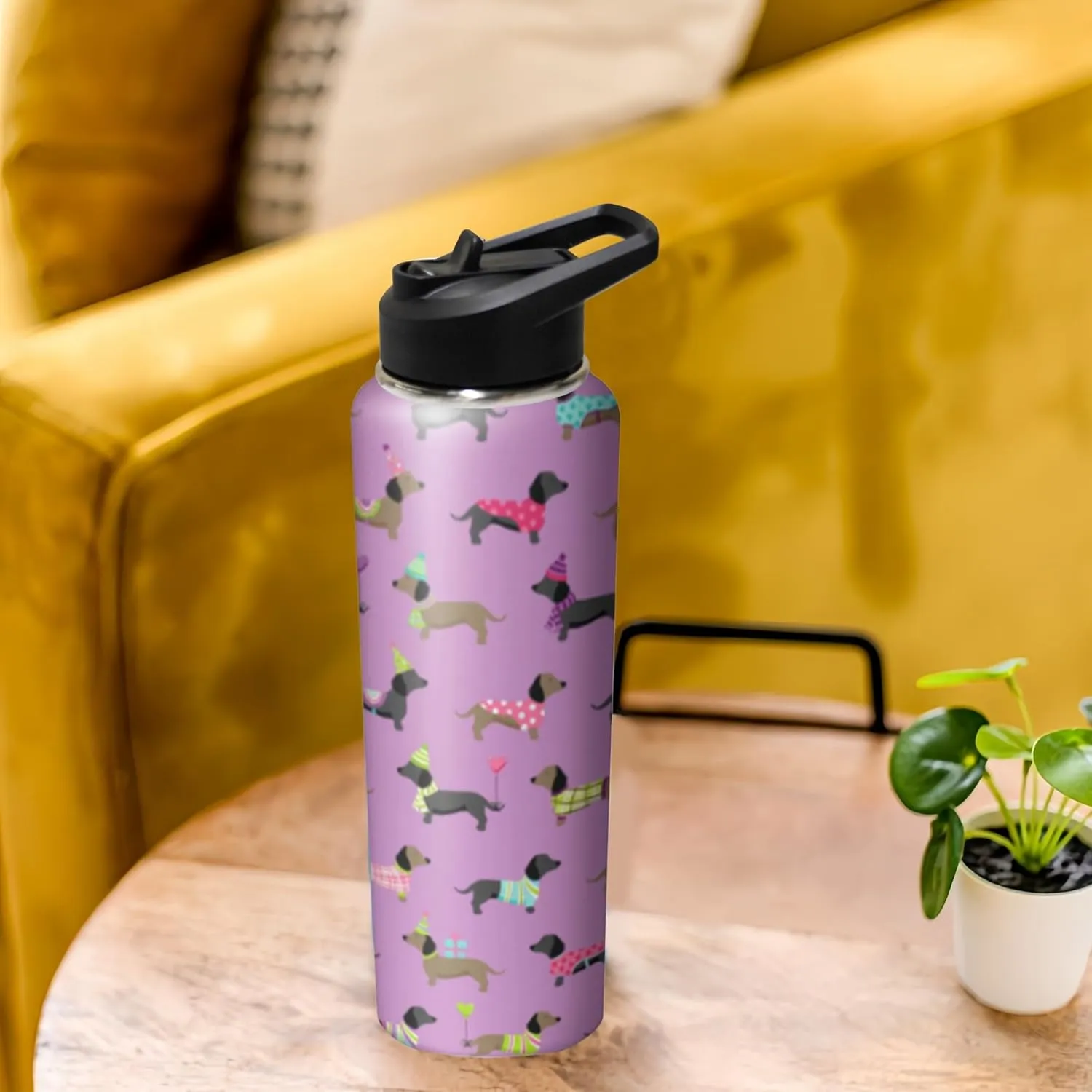 40oz Cute Dachshund Water Bottle with Handle and Flip Straw, Sports Stainless Steel Insulated Cup, Travel Coffee Mug Tumbler, Birthday Mothers Day Chritmas Gifts for Women Animal Lovers