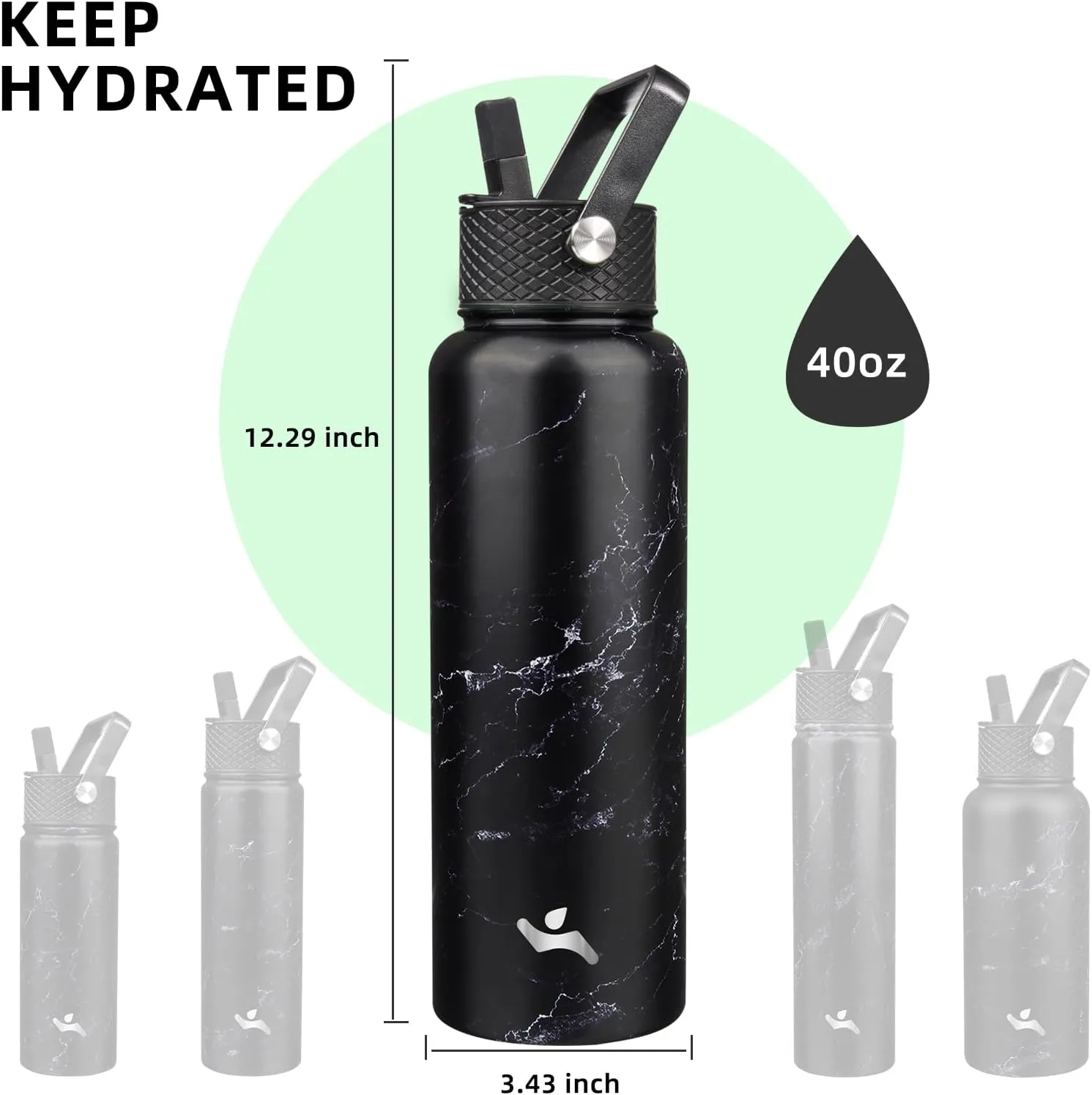 40oz Insulated Water Bottle Stainless Steel Sport Bottles with 3 Lids,Marble Blossom