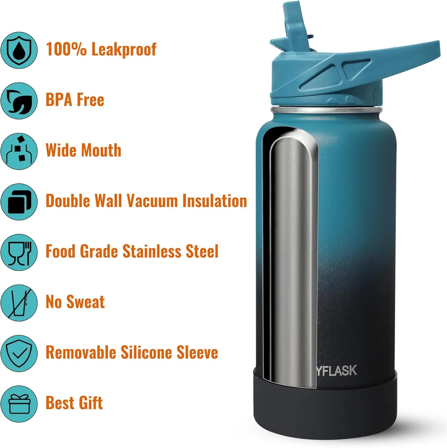 40oz Insulated Water Bottle with Straw, Stainless Steel Metal Vacuum Water Flask, Large Thermos Water bottle with Leakproof 3 Lids for Travel, Camping, Gym Sports Dark Rainbow