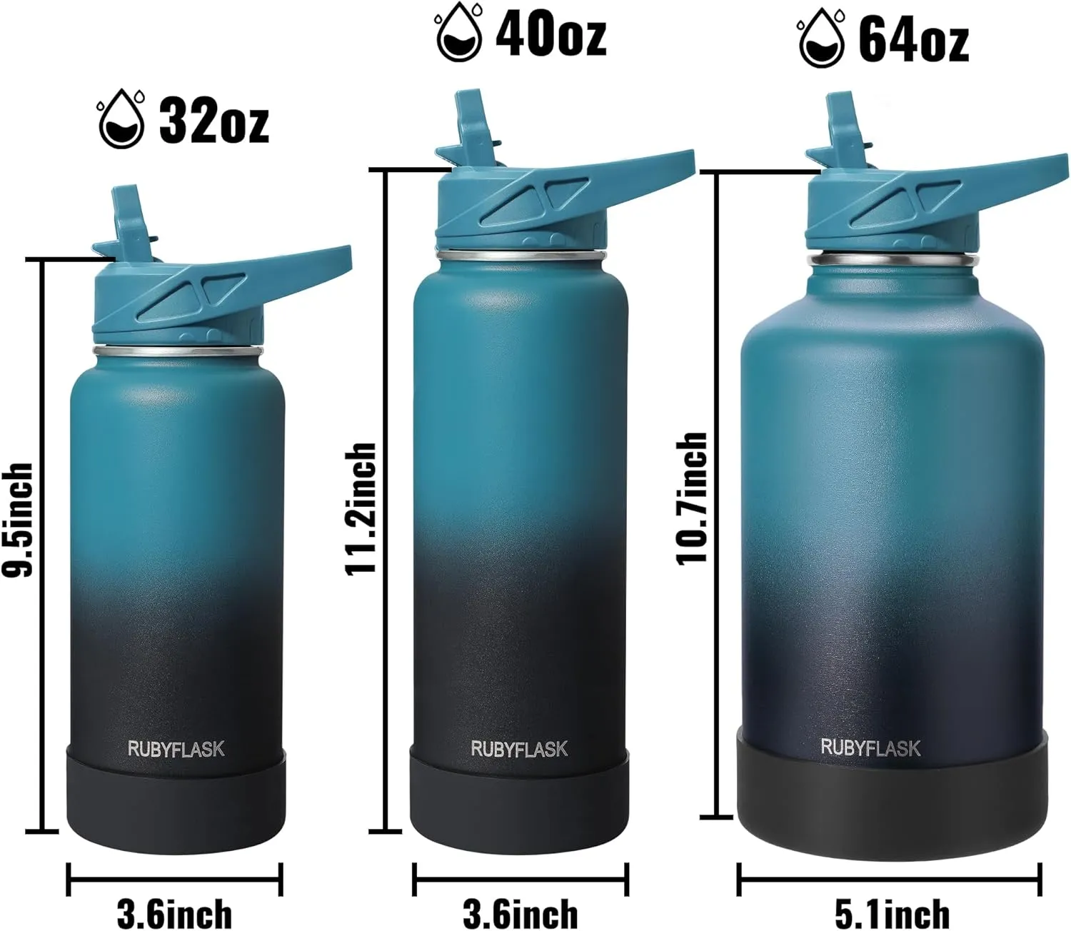 40oz Insulated Water Bottle with Straw, Stainless Steel Metal Vacuum Water Flask, Large Thermos Water bottle with Leakproof 3 Lids for Travel, Camping, Gym Sports Dark Rainbow