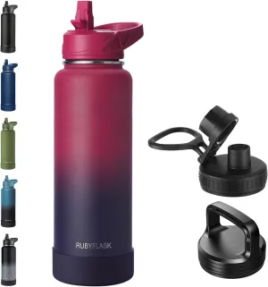 40oz Insulated Water Bottle with Straw, Stainless Steel Metal Vacuum Water Flask, Large Thermos Water bottle with Leakproof 3 Lids for Travel, Camping, Gym Sports Dark Rainbow