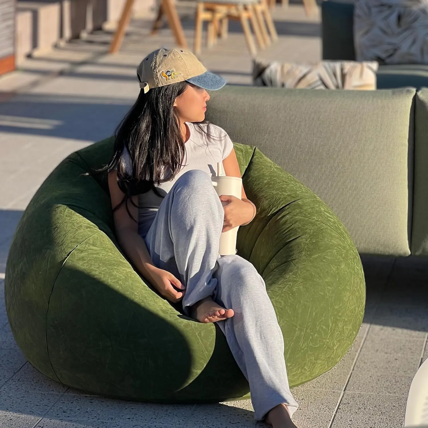 45x45x28 Inflatable Beanless Bean Bag Chair Lounge Sofa - Military Green