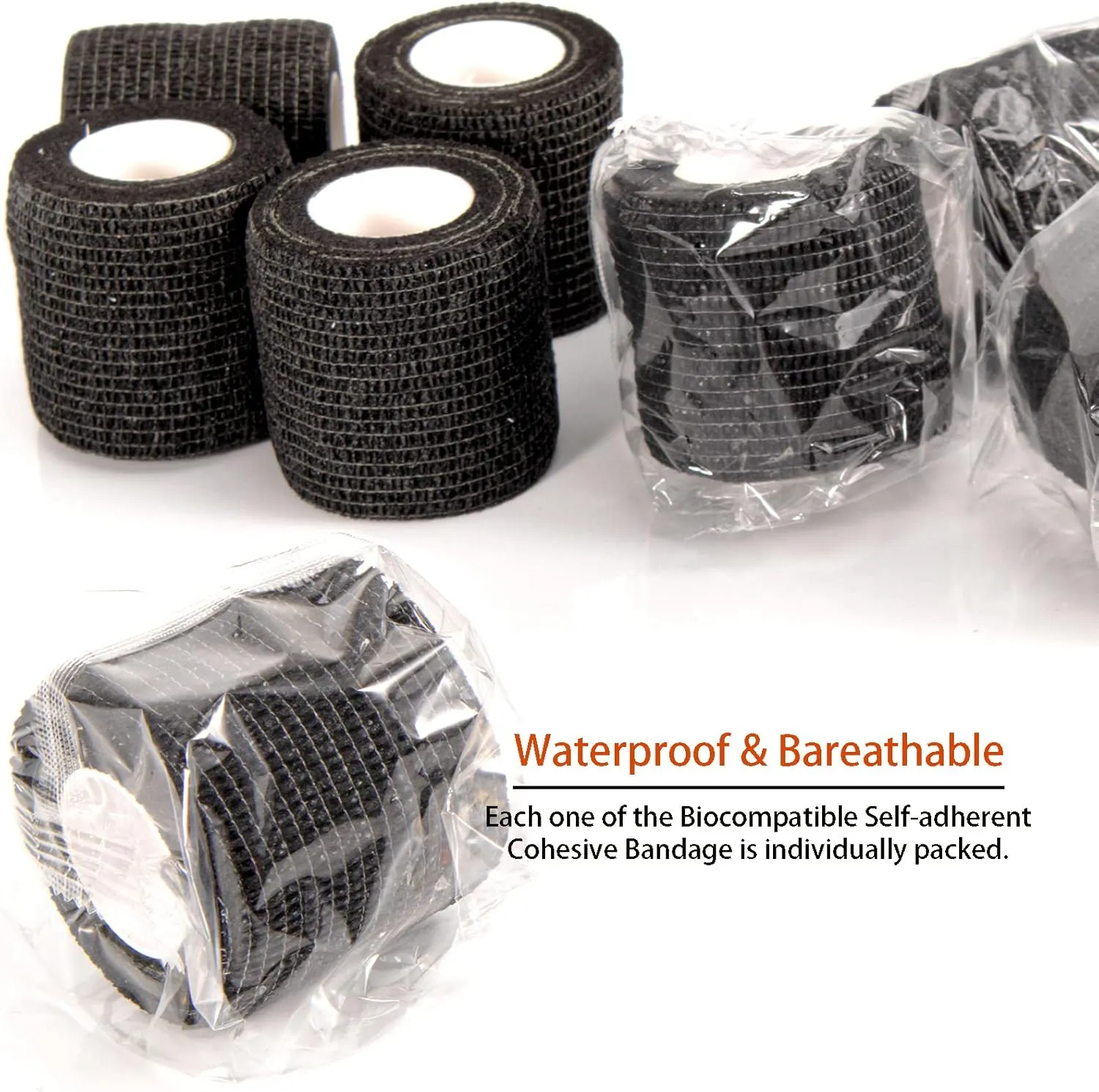 48 Pack 2” x 5 Yards Self Adhesive Bandage Wrap Athletic Elastic Breathable Cohesive Bandage Wrap Rolls for Stretch, Sports, First Aid, Wrist, Ankle Sprains, Swelling, Vet Wrap, Black