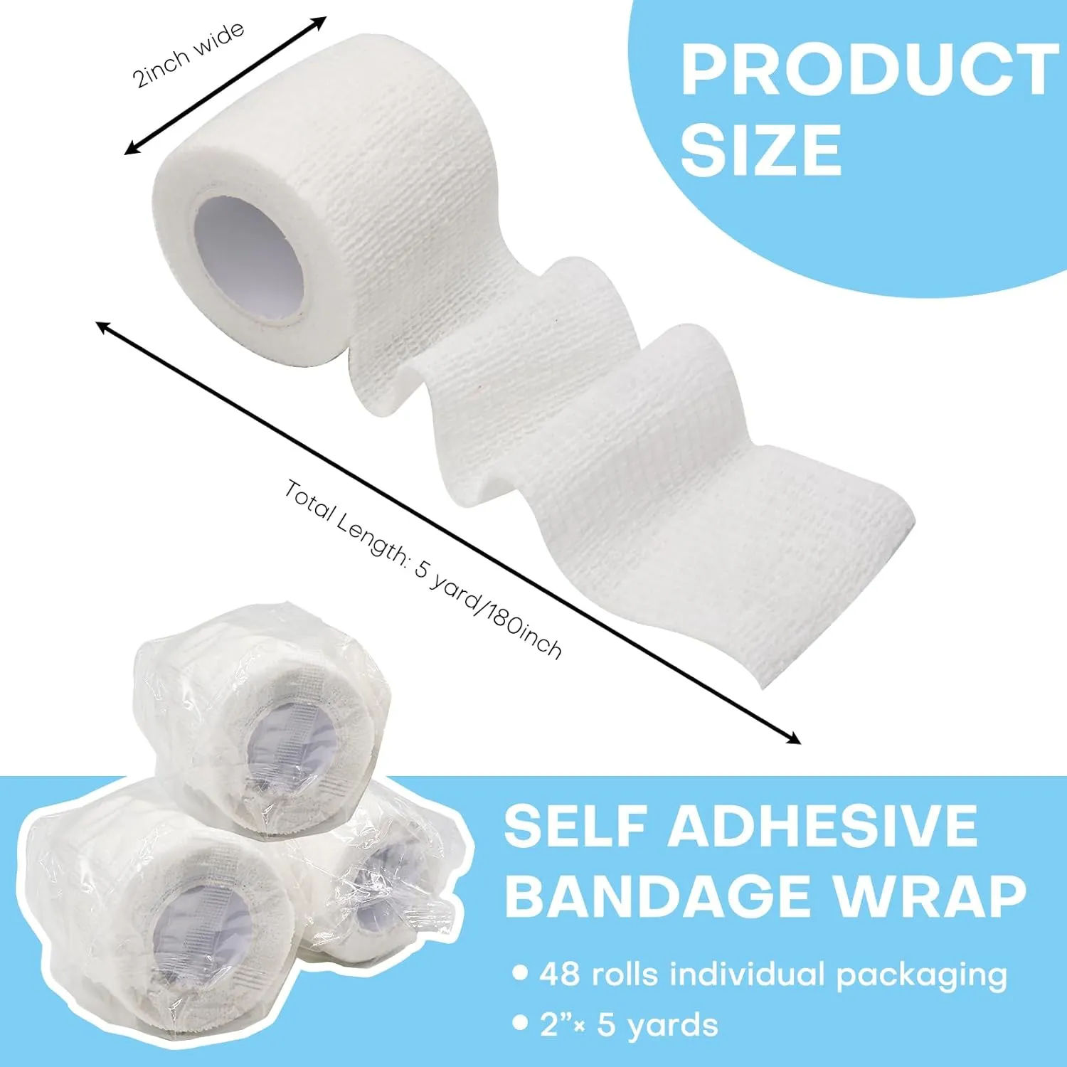 48 Pack 2” x 5 Yards Self Adhesive Bandage Wrap, Elastic Breathable Cohesive Bandage Wrap Athletic Stretch Medical Tape for First Aid Wrist Ankle Sports Vet Wrap (White)