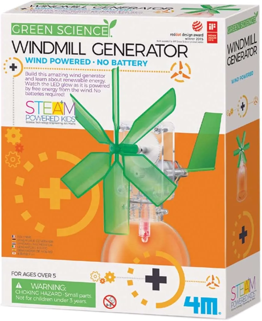 4M Toysmith, Green Science Windmill Generator Kit, DIY Science Kit With LED Lights, For Boys & Girls Ages 8  (Packaging May Vary)