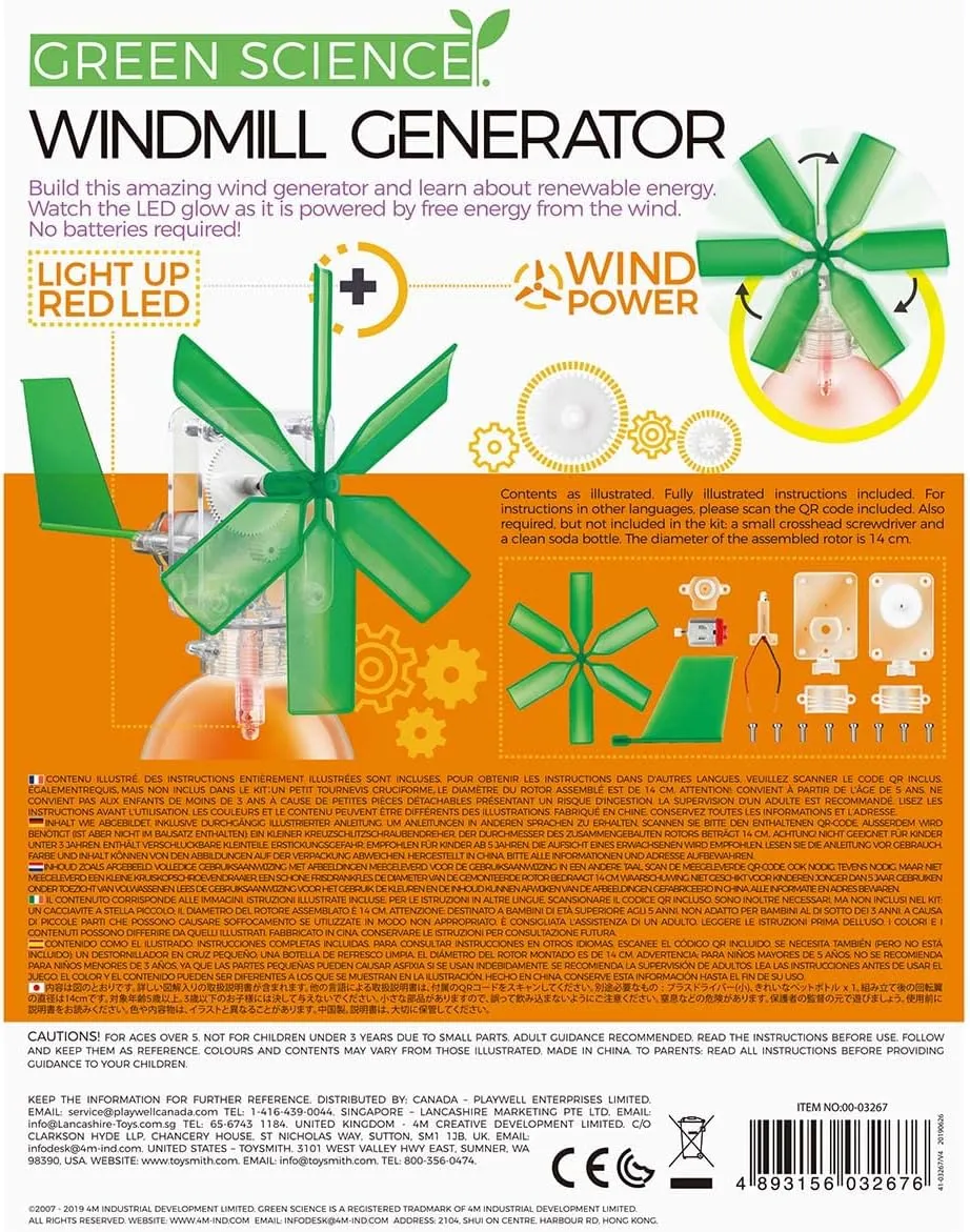 4M Toysmith, Green Science Windmill Generator Kit, DIY Science Kit With LED Lights, For Boys & Girls Ages 8  (Packaging May Vary)