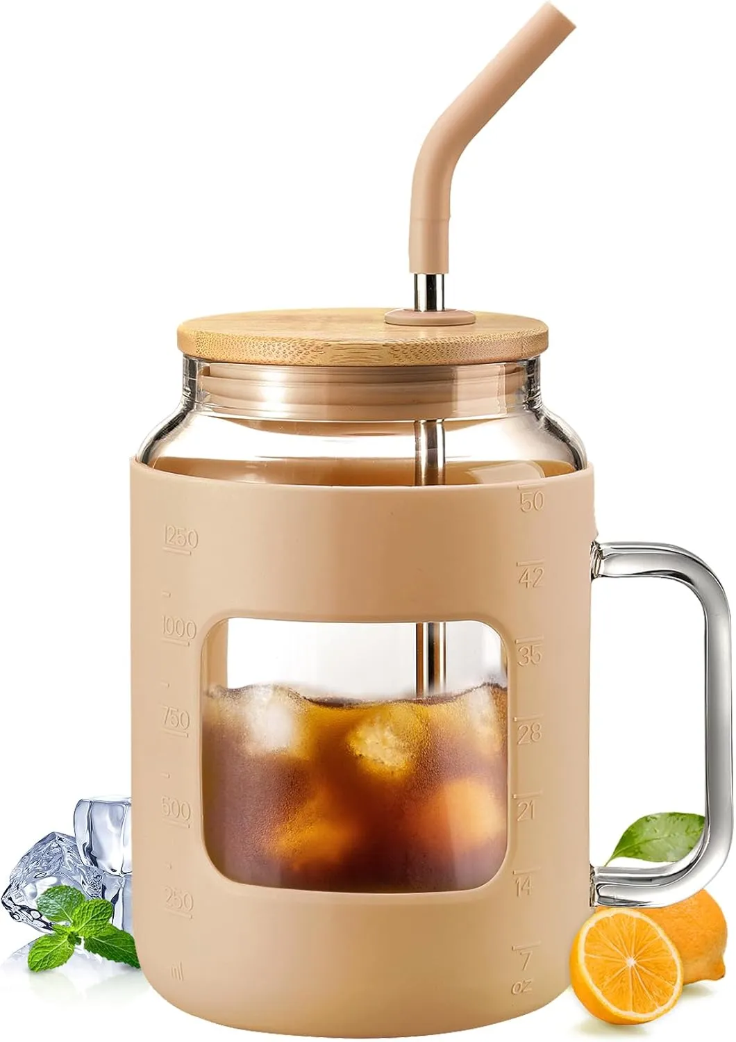 50 oz Glass Water Bottles with Silicone Sleeve,Glass Tumbler with Lid and Straw,Iced Coffee Cup with Handle,BPA Free-Amber