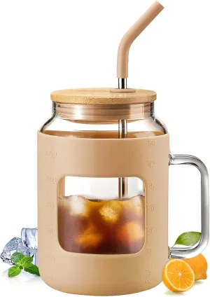 50 oz Glass Water Bottles with Silicone Sleeve,Glass Tumbler with Lid and Straw,Iced Coffee Cup with Handle,BPA Free-Amber