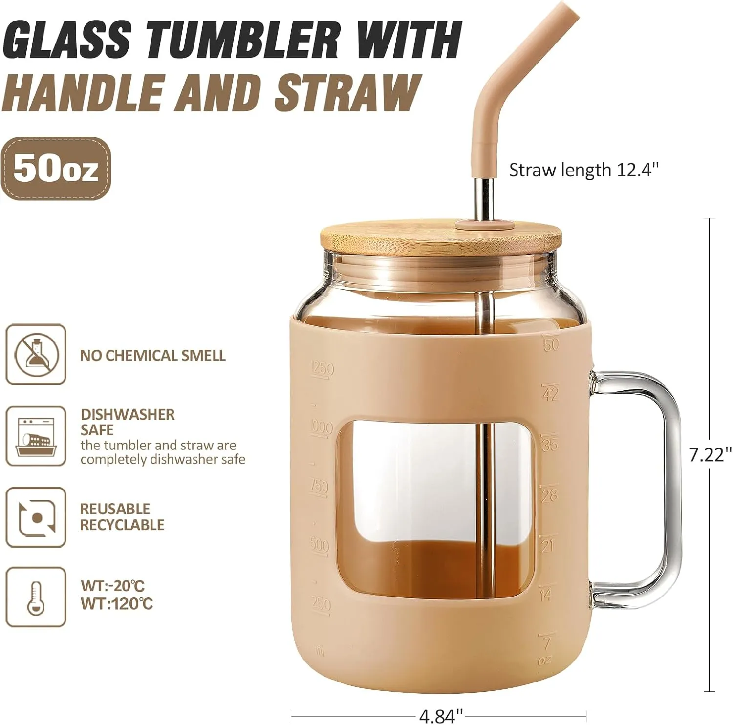 50 oz Glass Water Bottles with Silicone Sleeve,Glass Tumbler with Lid and Straw,Iced Coffee Cup with Handle,BPA Free-Amber
