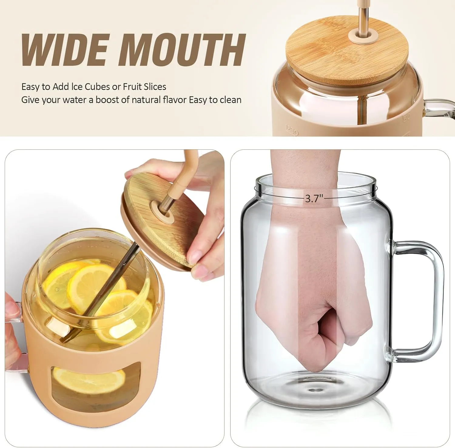 50 oz Glass Water Bottles with Silicone Sleeve,Glass Tumbler with Lid and Straw,Iced Coffee Cup with Handle,BPA Free-Amber