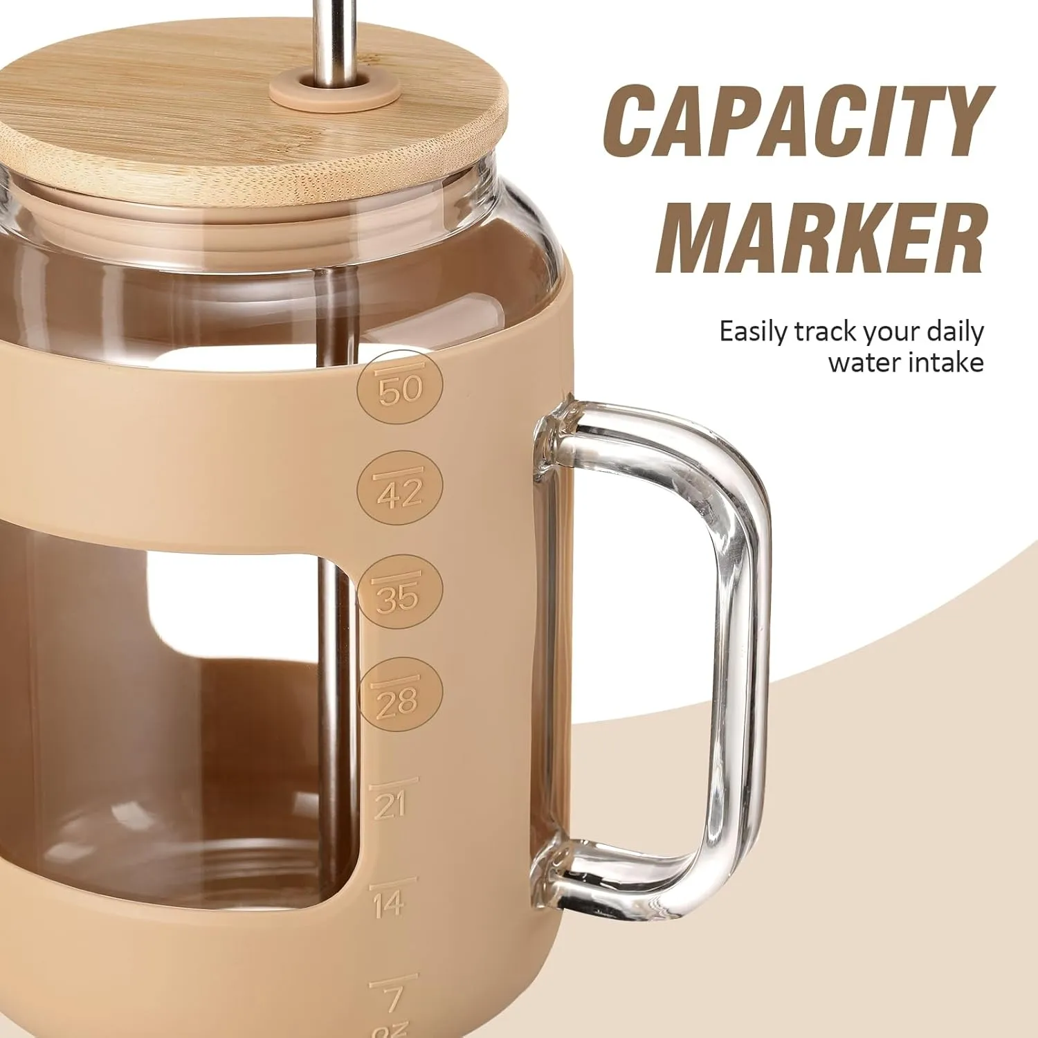 50 oz Glass Water Bottles with Silicone Sleeve,Glass Tumbler with Lid and Straw,Iced Coffee Cup with Handle,BPA Free-Amber